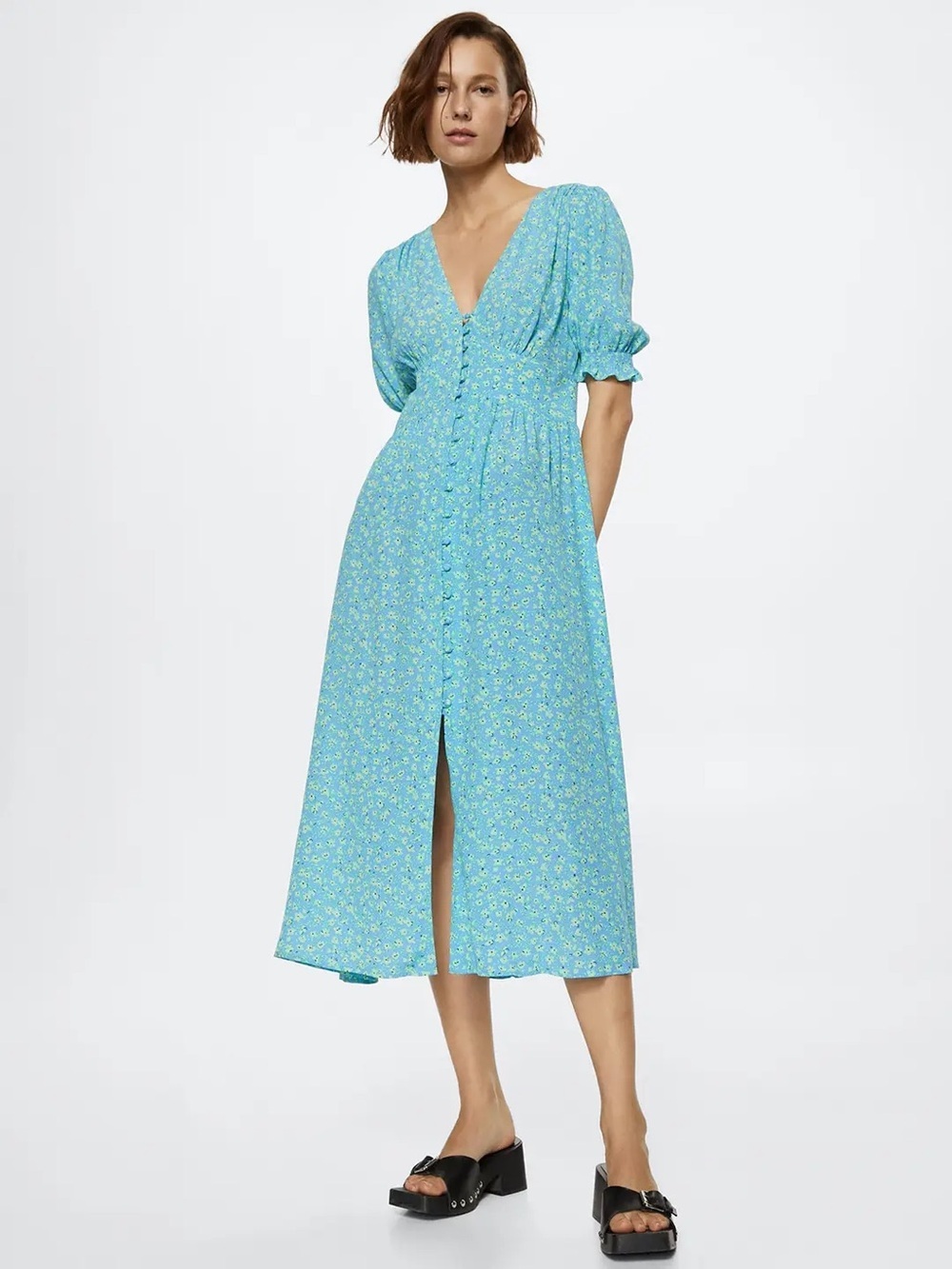 MANGO Blue & Green Floral Printed Front Slit A-Line Midi Dress